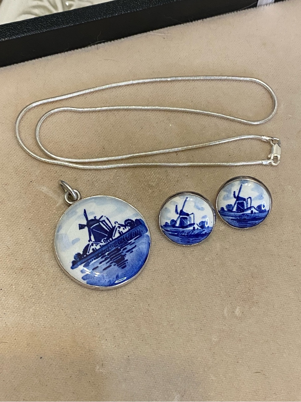 Sterling Silver Pendant Necklace & Earrings Set Blue Porcelain 925